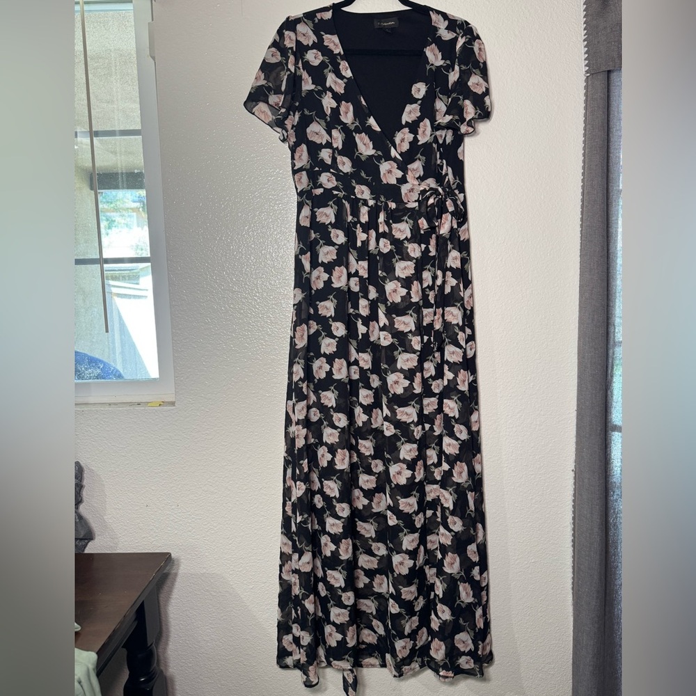 Floral Wrap Maxi Dress - Black with Blush Flowers